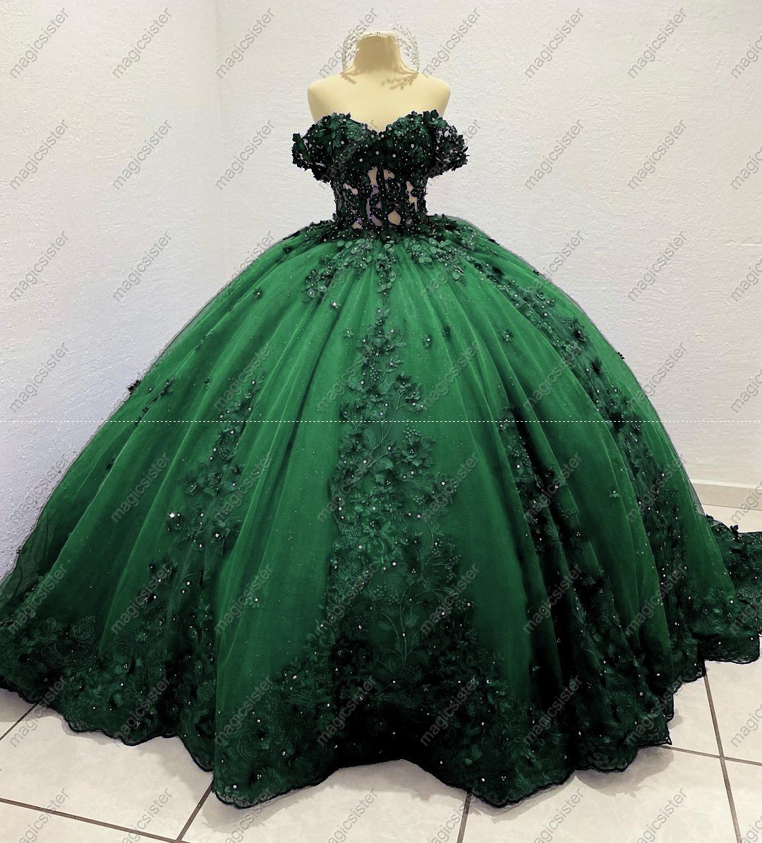 Emerald Green Instock 3D Pearls Embroidered Floral Quinceanera Dress