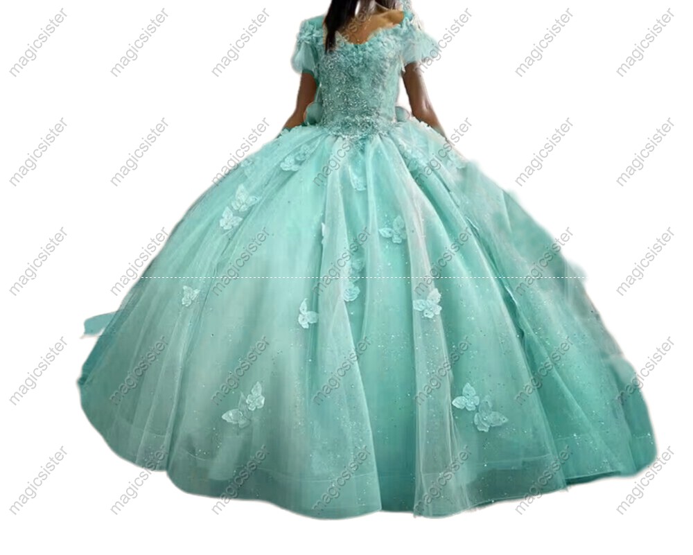 Glitter Quinceanera Dresses Short Sleeves With Bow Butterfly Robes