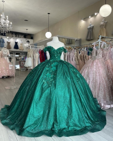 Emerald Green Glitter Tulle 3D Flowers Quinceanera Dress