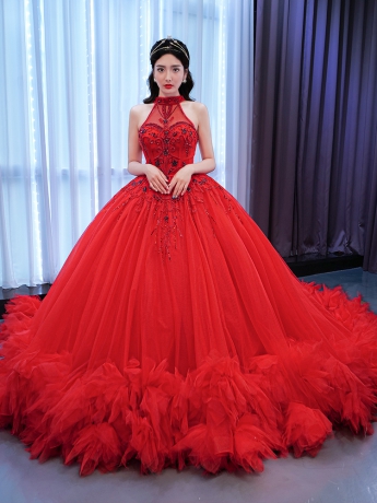 Red Puffy Tulle Beaded Bodice Halter Neck Quinceanera Dress with Train