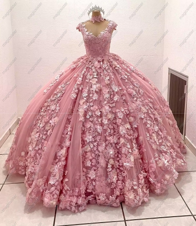 Blush Instock 3D Pearls Embroidered Floral Quinceanera Dress