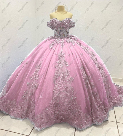 Blush Instock 3D Pearls Embroidered Floral Quinceanera Dress