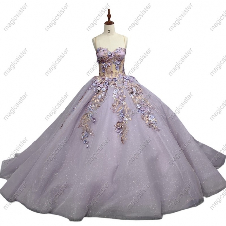 Instock 3D embroidered multi color flower lace Quinceanera Dress