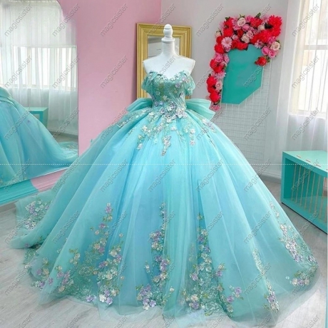Instock 3D embroidered multi color flower lace Quinceanera Dress