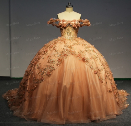 Instock Factory Glitter Fabric and 3D Flowers Quinceanera Dress