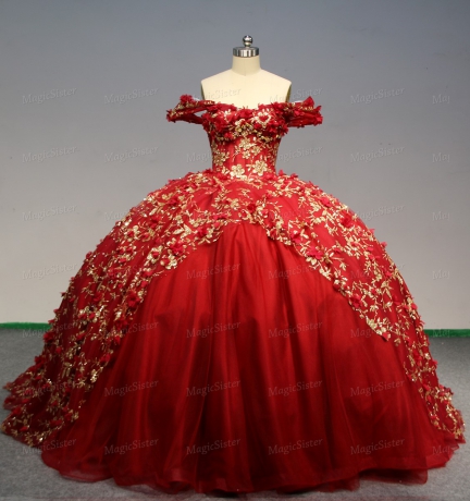 Instock Factory Glitter Fabric and 3D Flowers Quinceanera Dress