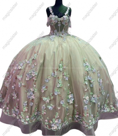 Instock 3D embroidered multi color flower lace Quinceanera Dress