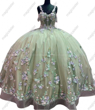 Instock 3D embroidered multi color flower lace Quinceanera Dress