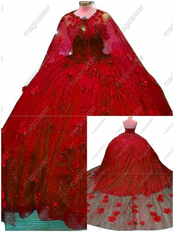 Factory Wholesale 3D Flower Glitter Quinceanera Dress