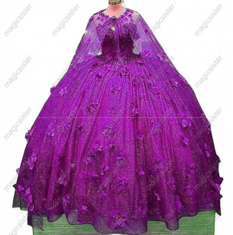 Factory Wholesale 3D Flower Glitter Quinceanera Dress