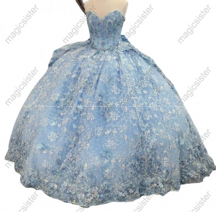 Instock 3D embroidered multi color flower lace Quinceanera Dress