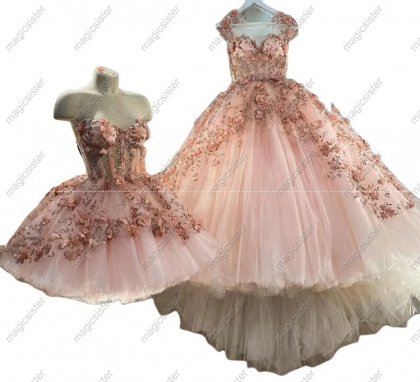 Blush Instock Factory Glitter Fabric and 3D Flowers Quinceanera Dress