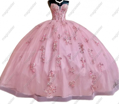 Blush Superhot Glitter Floral Appliques Quinceanera dresses