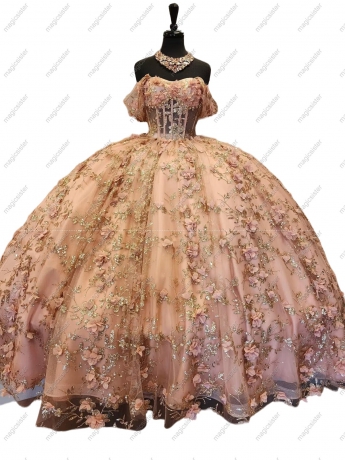 Instock Factory Glitter Fabric and 3D Flowers Quinceanera Dress