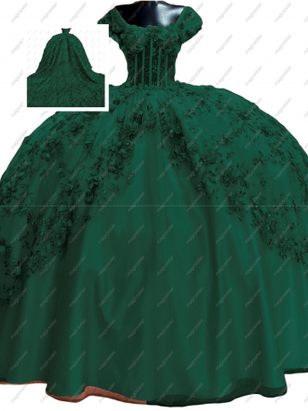 Emerald Green Instock Factory Glitter Fabric and 3D Flowers Quinceanera Dress