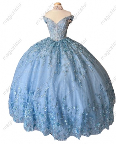 Instock Factory Glitter Fabric and 3D Flowers Quinceanera Dress