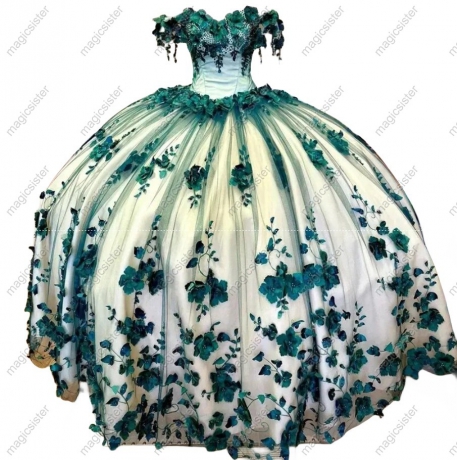 Emerald Green Luxury 3D Flower Factory Wholesale Quinceanera Dress