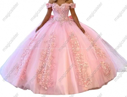 blush Factory Wholesale 3D Pearls Embroidered Floral Quinceanera Dress