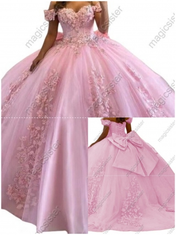 Factory Wholesale 3D Pearls Embroidered Floral Quinceanera Dress