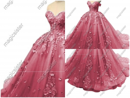 Off Shoulder Prom Gown 3D Floral Appliques Quinceanera Dress