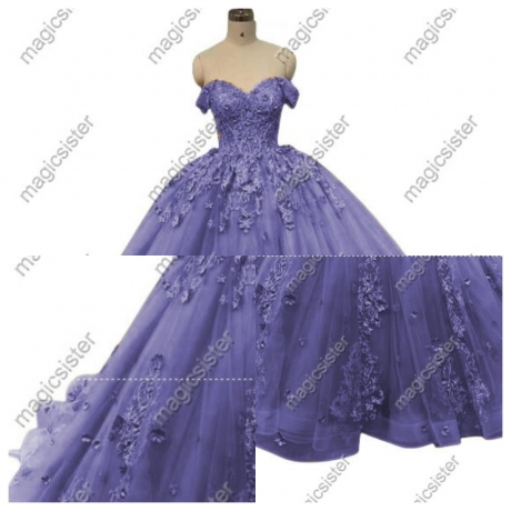 Off Shoulder Prom Gown 3D Floral Appliques Quinceanera Dress