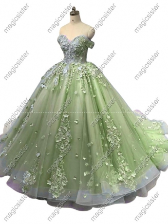 Off Shoulder Prom Gown 3D Floral Appliques Quinceanera Dress
