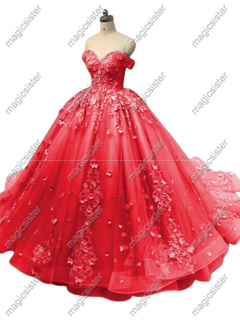 Off Shoulder Prom Gown 3D Floral Appliques Quinceanera Dress