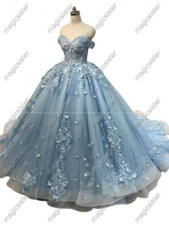 Off Shoulder Prom Gown 3D Floral Appliques Quinceanera Dress