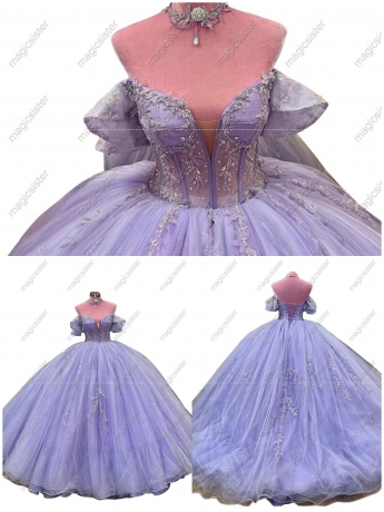 Factory Wholesale Glitter Floral Appliques Quinceanera Dress