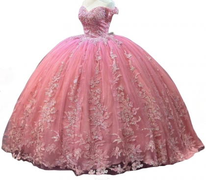 Glitter Floral Appliques Quinceanera Dress