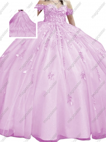 Factory Wholesale Glitter Floral Appliques Quinceanera Dress
