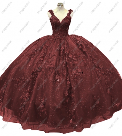 Evening Dress V neck Gorgeous Ball Gown Quinceanera Tulle Flowers Beading Robes Sleeveless Sweet Wedding