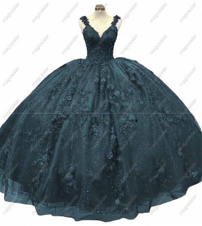 Evening Dress V neck Gorgeous Ball Gown Quinceanera Tulle Flowers Beading Robes Sleeveless Sweet Wedding