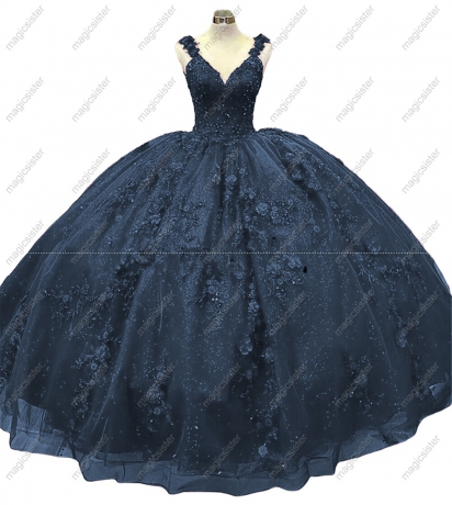 Evening Dress V neck Gorgeous Ball Gown Quinceanera Tulle Flowers Beading Robes Sleeveless Sweet Wedding