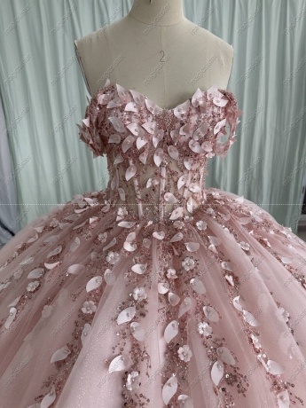 Blush Instock Factory Glitter Fabric and 3D Flowers Quinceanera Dress