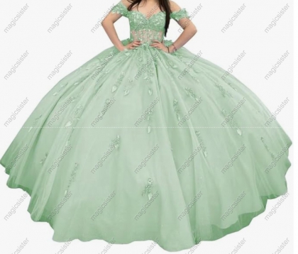 Sage Factory Wholesale Glitter Floral Appliques Quinceanera Dress