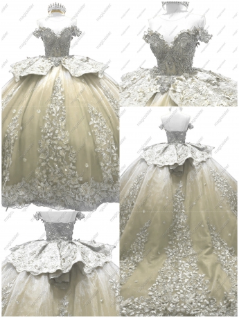Factory Wholesale 3D Pearls Embroidered Floral Quinceanera Dress