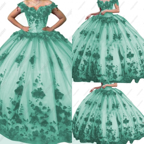 Ball Gown Quinceanera Dresses Off Shoulder Lace up Back Sweep Train 3D Floral